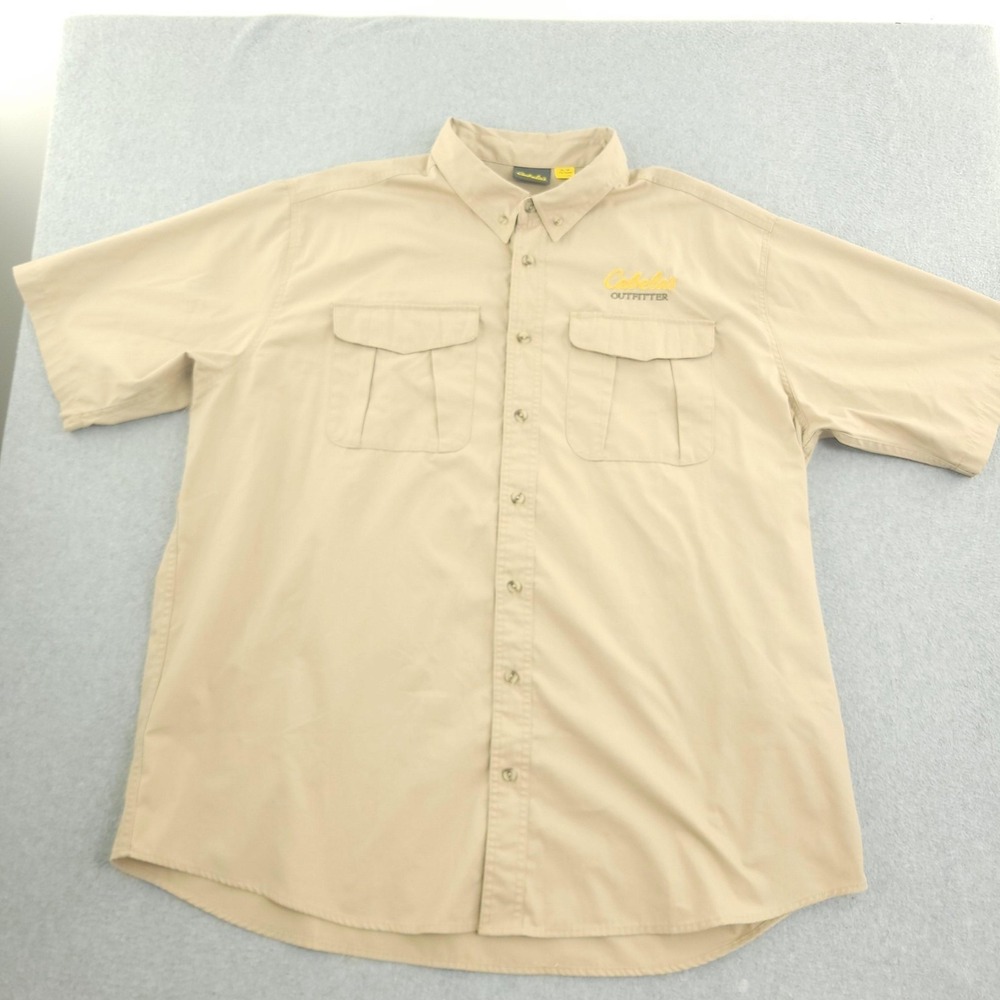 Cabela's Shirt Mens 2XLT Beige Solid Short Sleeve Button Up Outdoor Hiking
